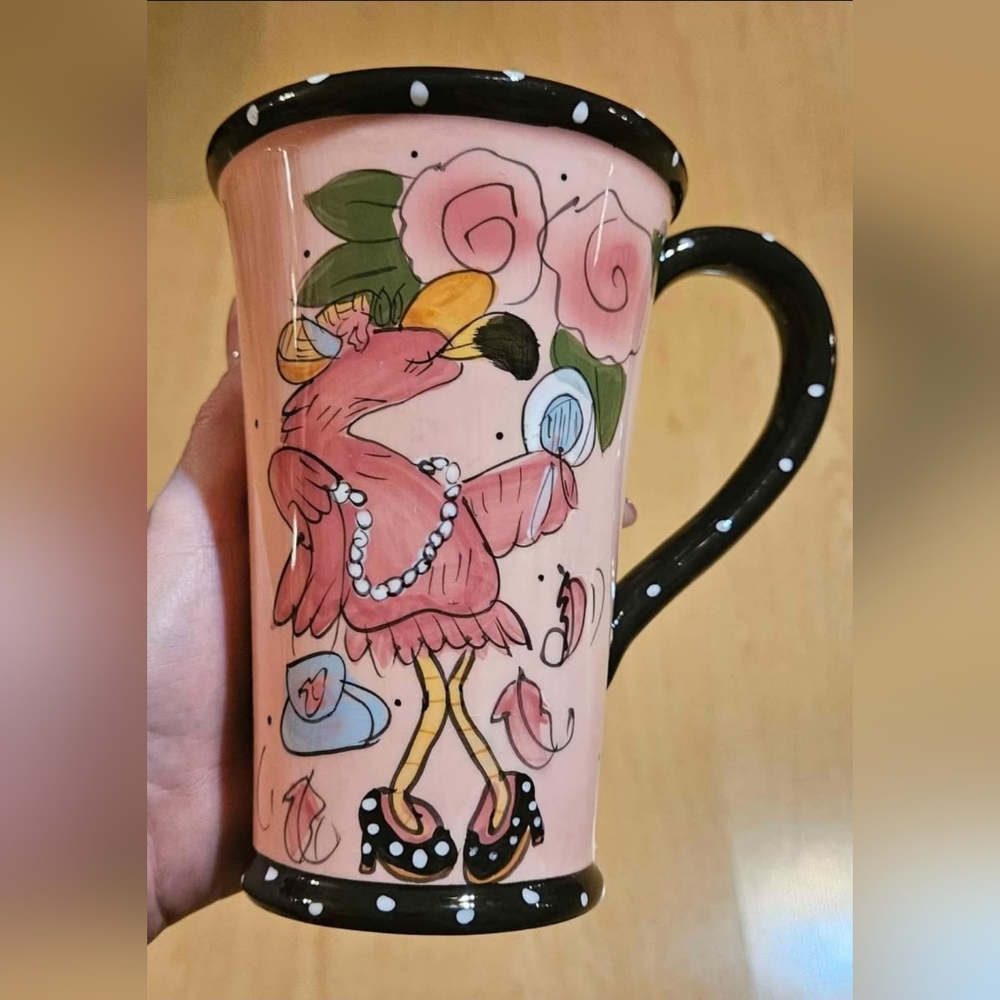 Blue Sky Clayworks Heather Goldminc Flamingo Porcelain Cup Mug 6"
